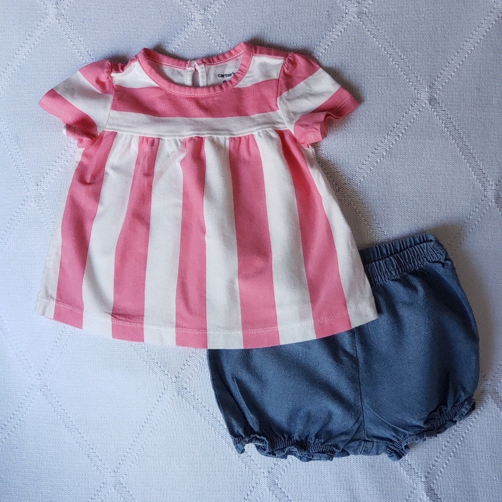 Carter's 2 piece stripped shirt and denim shorts baby girl outfit size 9 months
